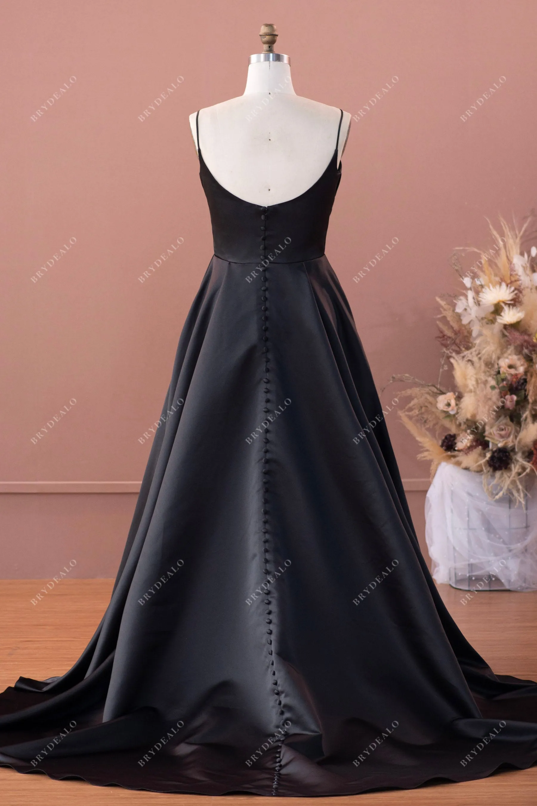 Black Satin Ruched V-neck Elegant Chapel Train Bridal Dress