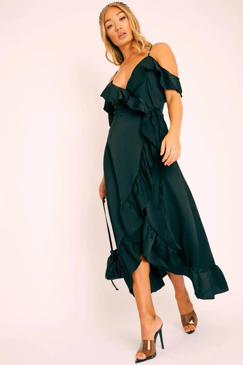 Black Satin Ruffle Wrap Midi Dress - Eiza