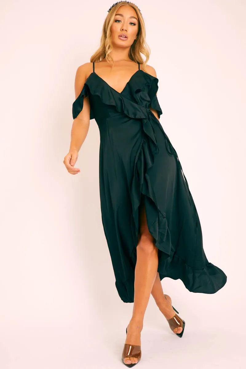 Black Satin Ruffle Wrap Midi Dress - Eiza