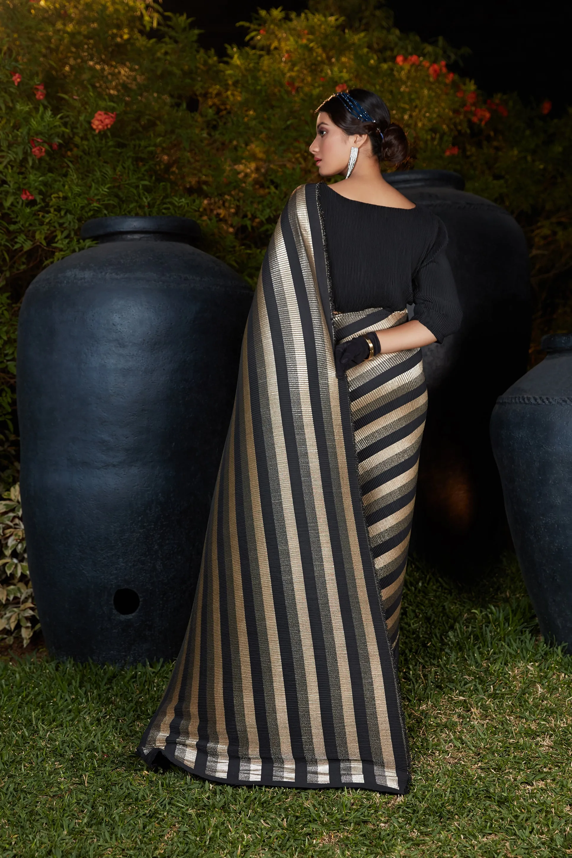 Black Silk Foil Print With Plitting Work Traditional Saree