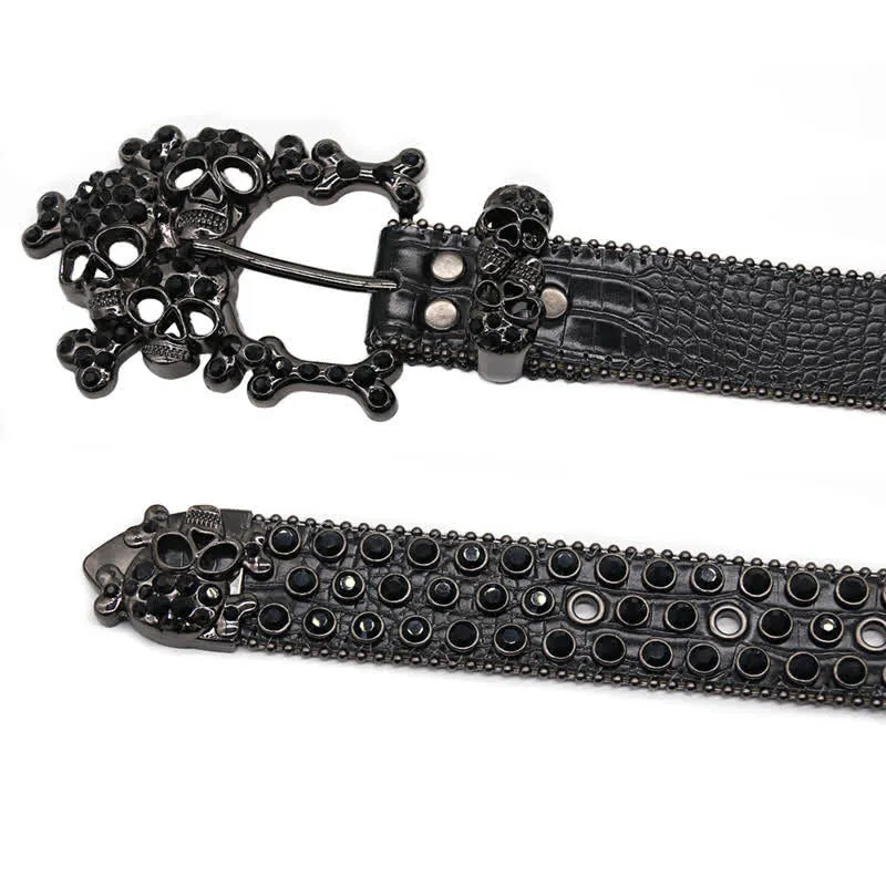 Black Skull Shape Buckle Rhinestone Studded Leather Belt