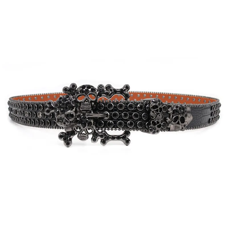 Black Skull Shape Buckle Rhinestone Studded Leather Belt