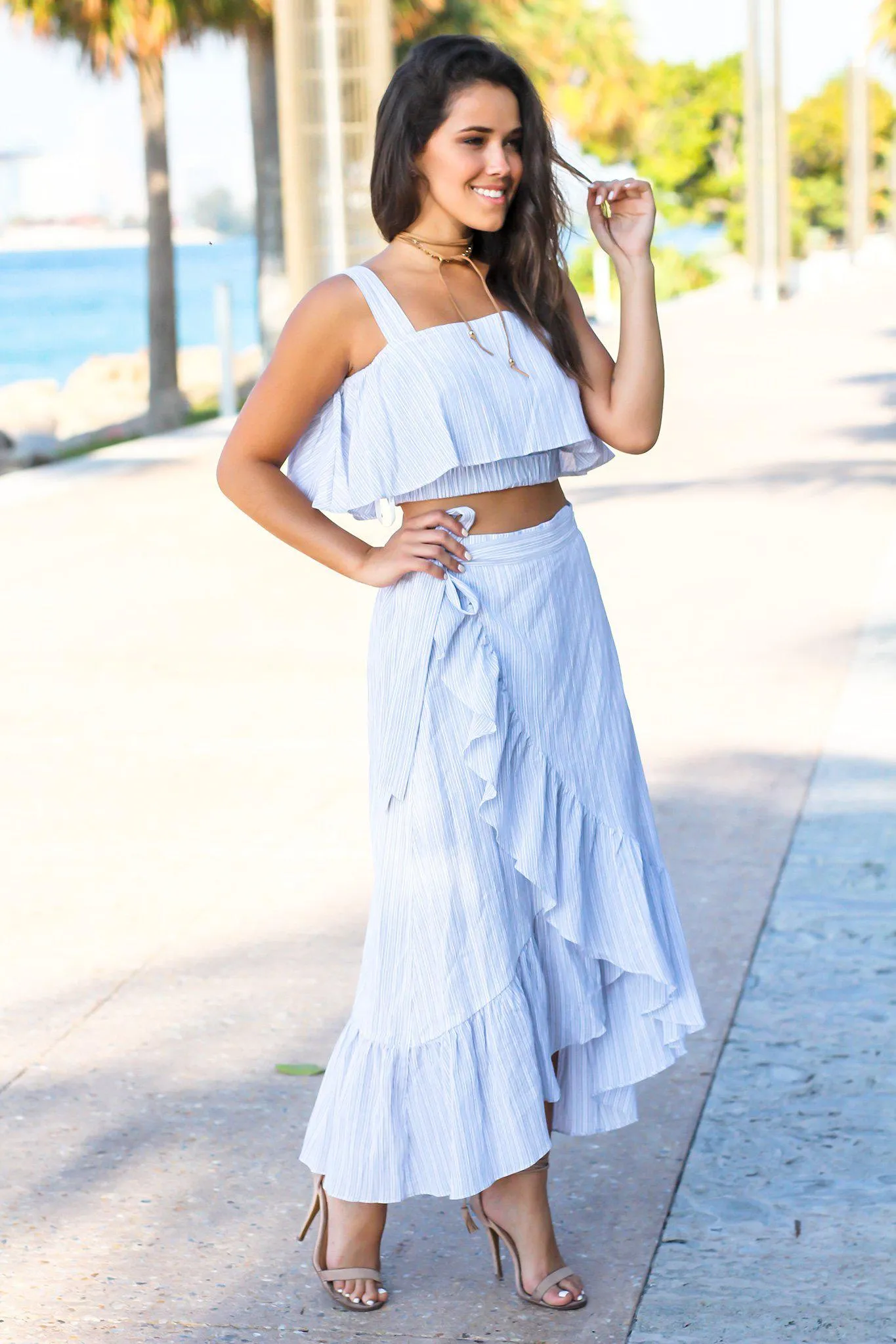 Blue Striped Ruffled Two Piece Set