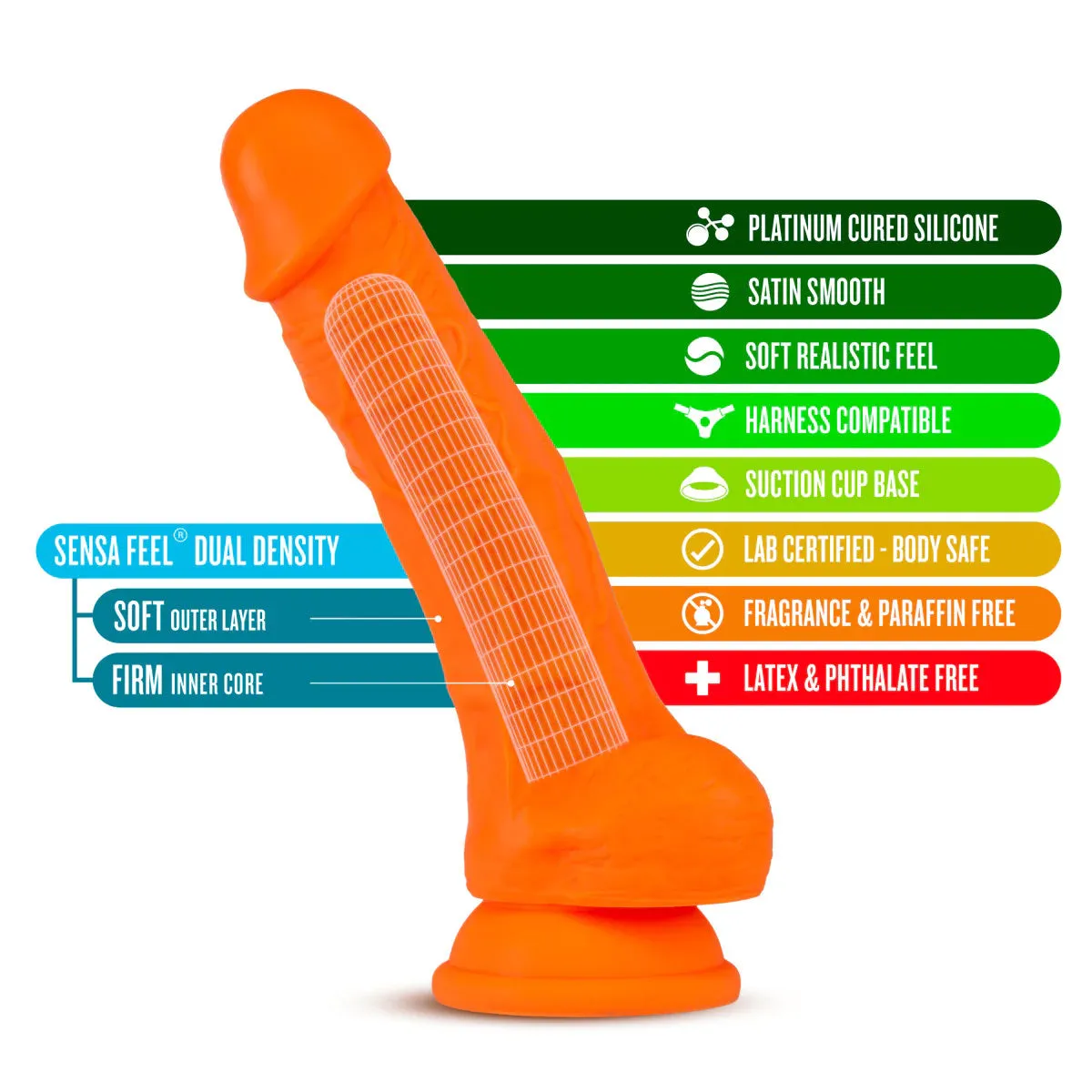 Blush Neo Elite Orange 7.5 Inch Silicone Dual Density Suction Cup Dildo