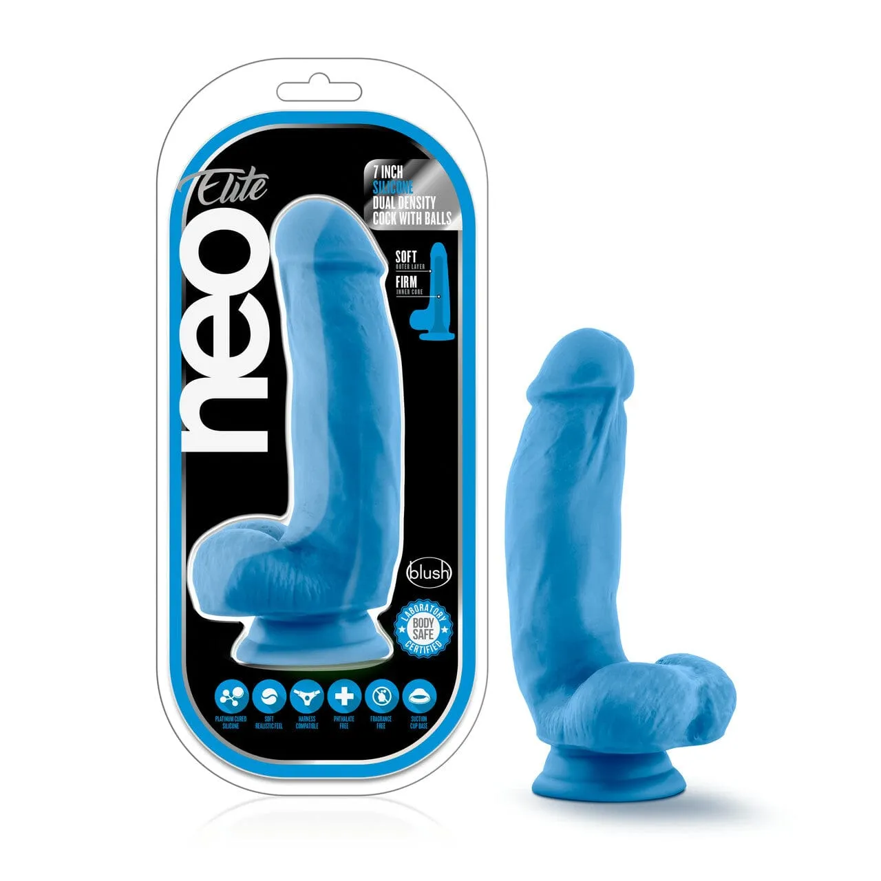 Blush Neo Neon Blue Elite 7 Inch Silicone Dual Density Cock with Balls