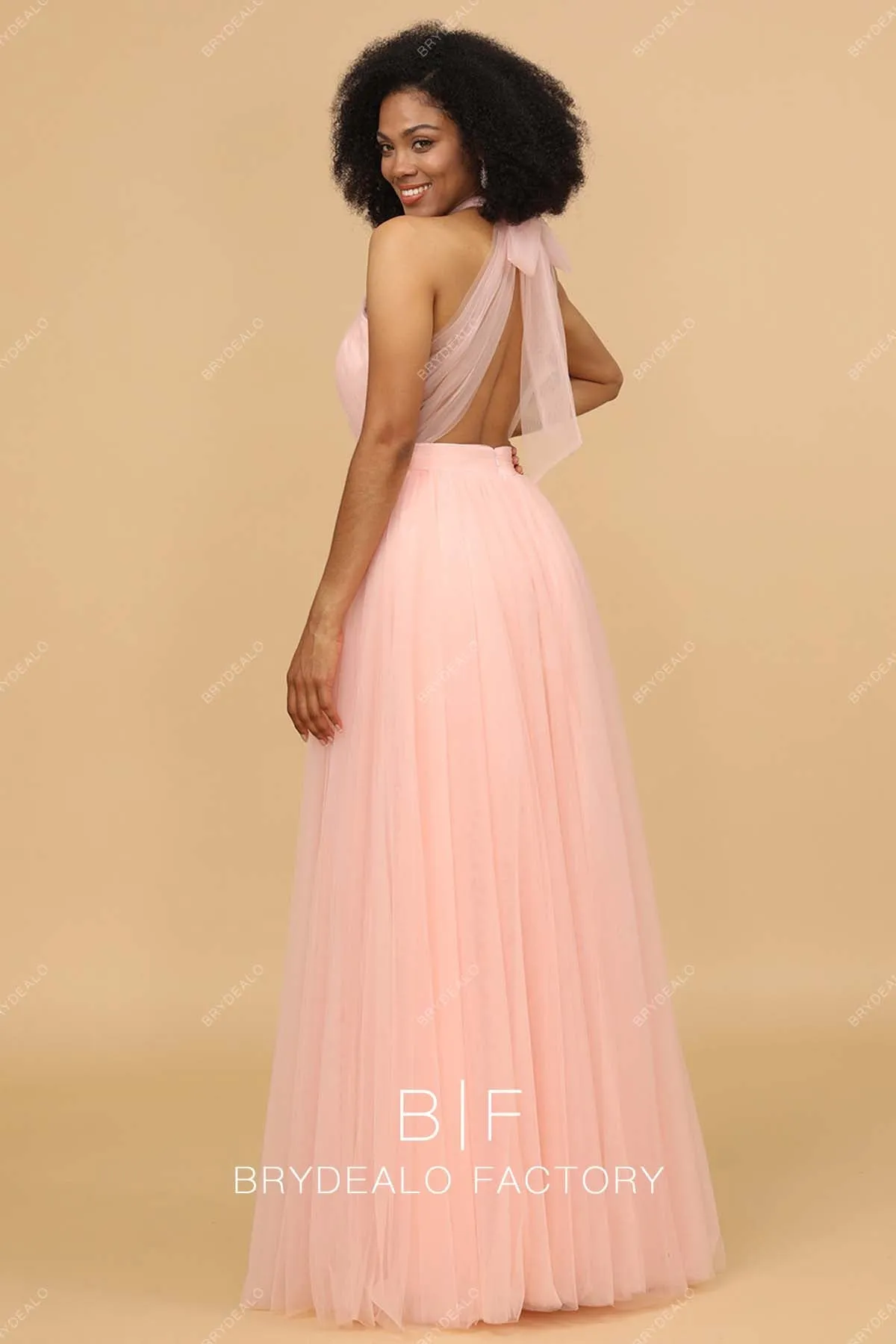 Blush Pink Tulle Halter Neck Pretty Long Dress