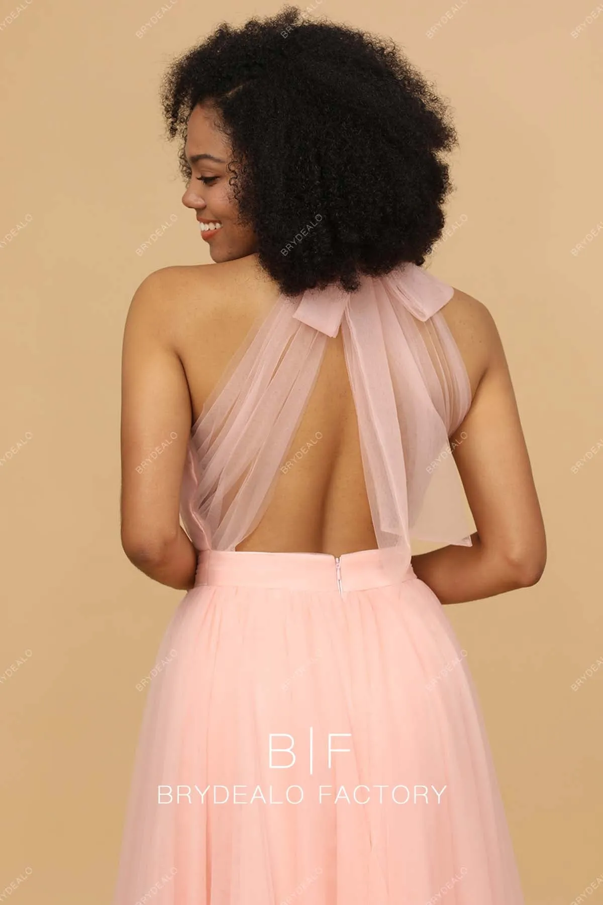 Blush Pink Tulle Halter Neck Pretty Long Dress