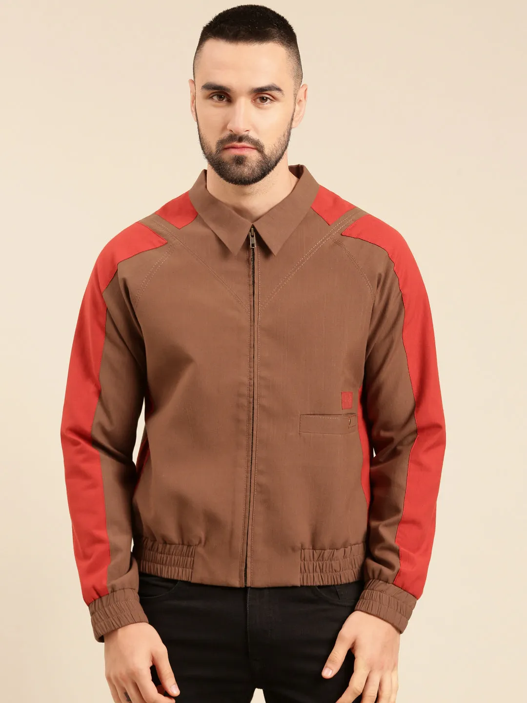 Brown Red Cotton Bomber Jacket - MMBJ022