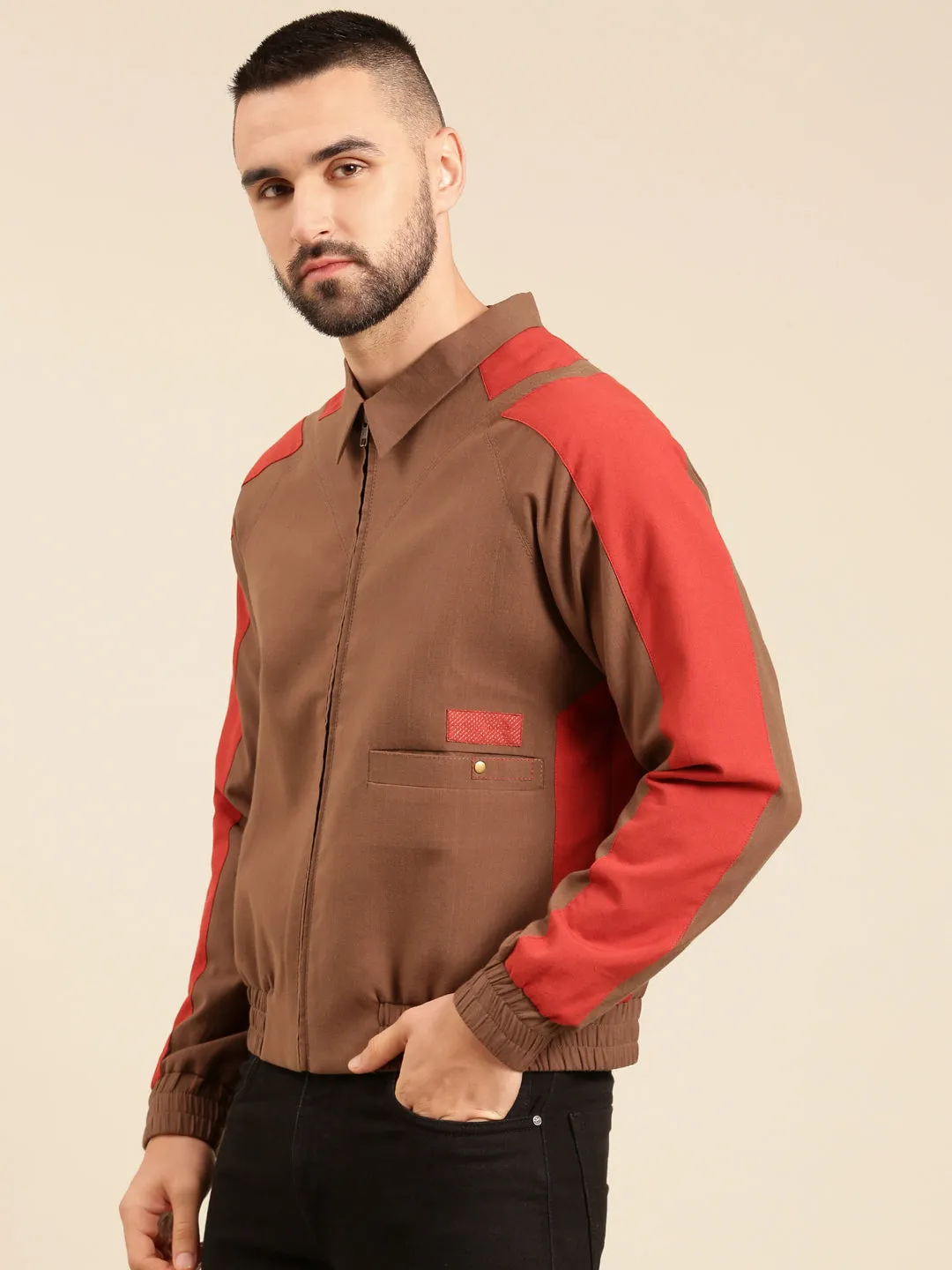 Brown Red Cotton Bomber Jacket - MMBJ022