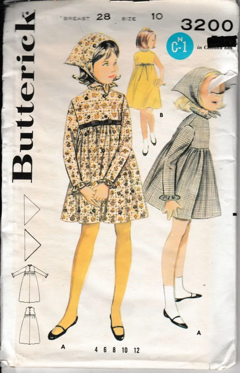 Butterick 3200 Girls Empire Waist Dress Scarf Vintage 1960's Sewing Pattern