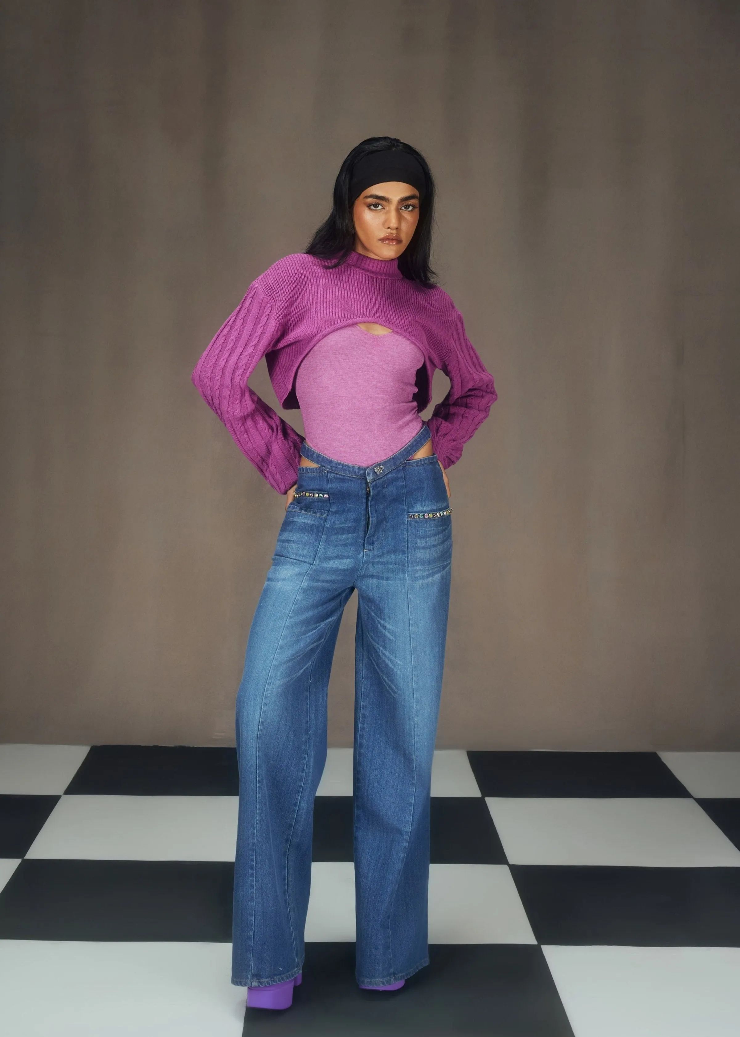 Caprice Purple Super-Cropped Sweater, Bodysuit and Cutout Denim Embellished Pants Set