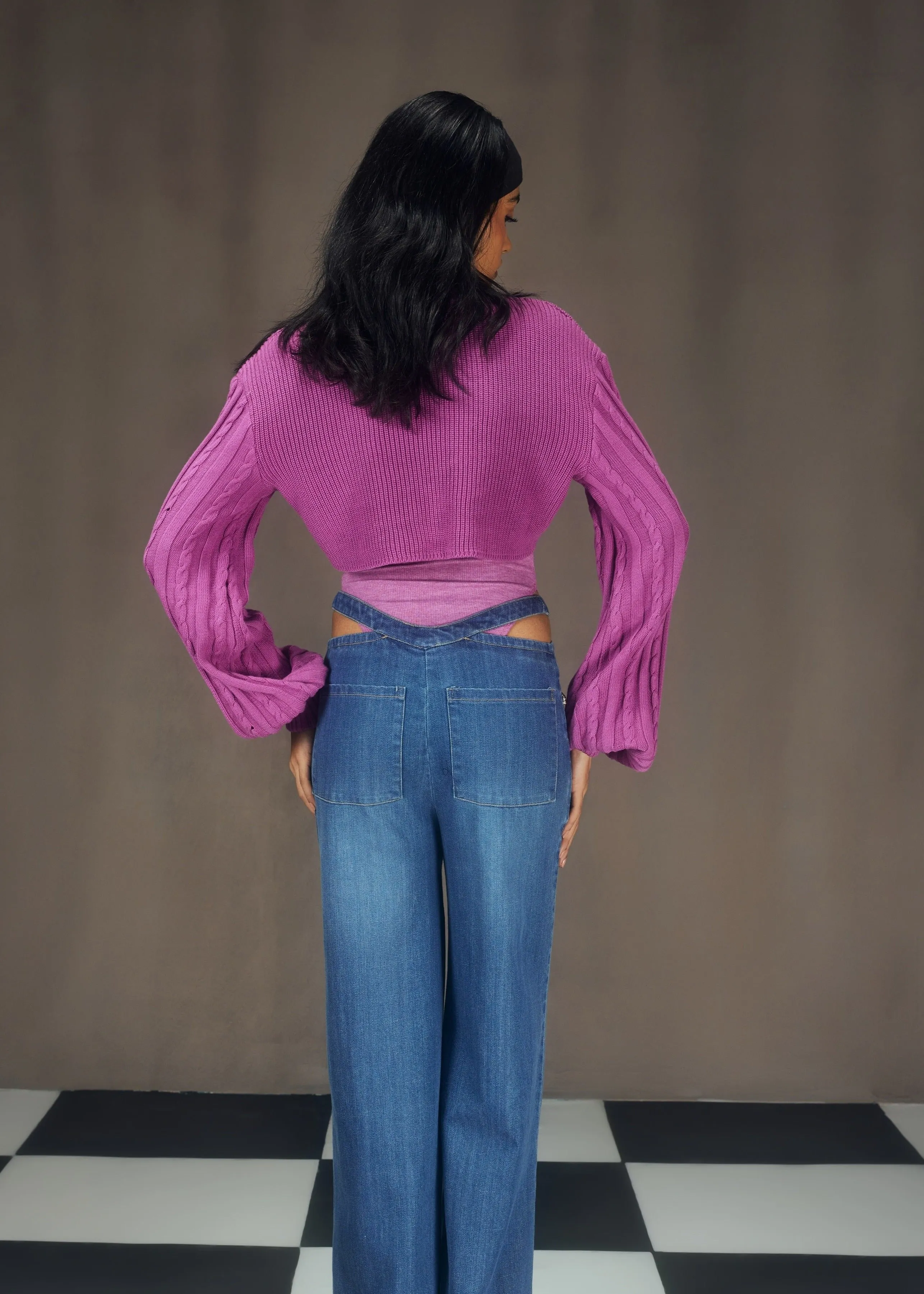 Caprice Purple Super-Cropped Sweater, Bodysuit and Cutout Denim Embellished Pants Set