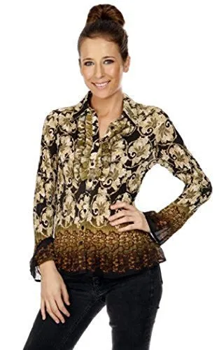 Cathaya Flared Sleeve, Pleated Floral Print Blouse with a Ruffled Front