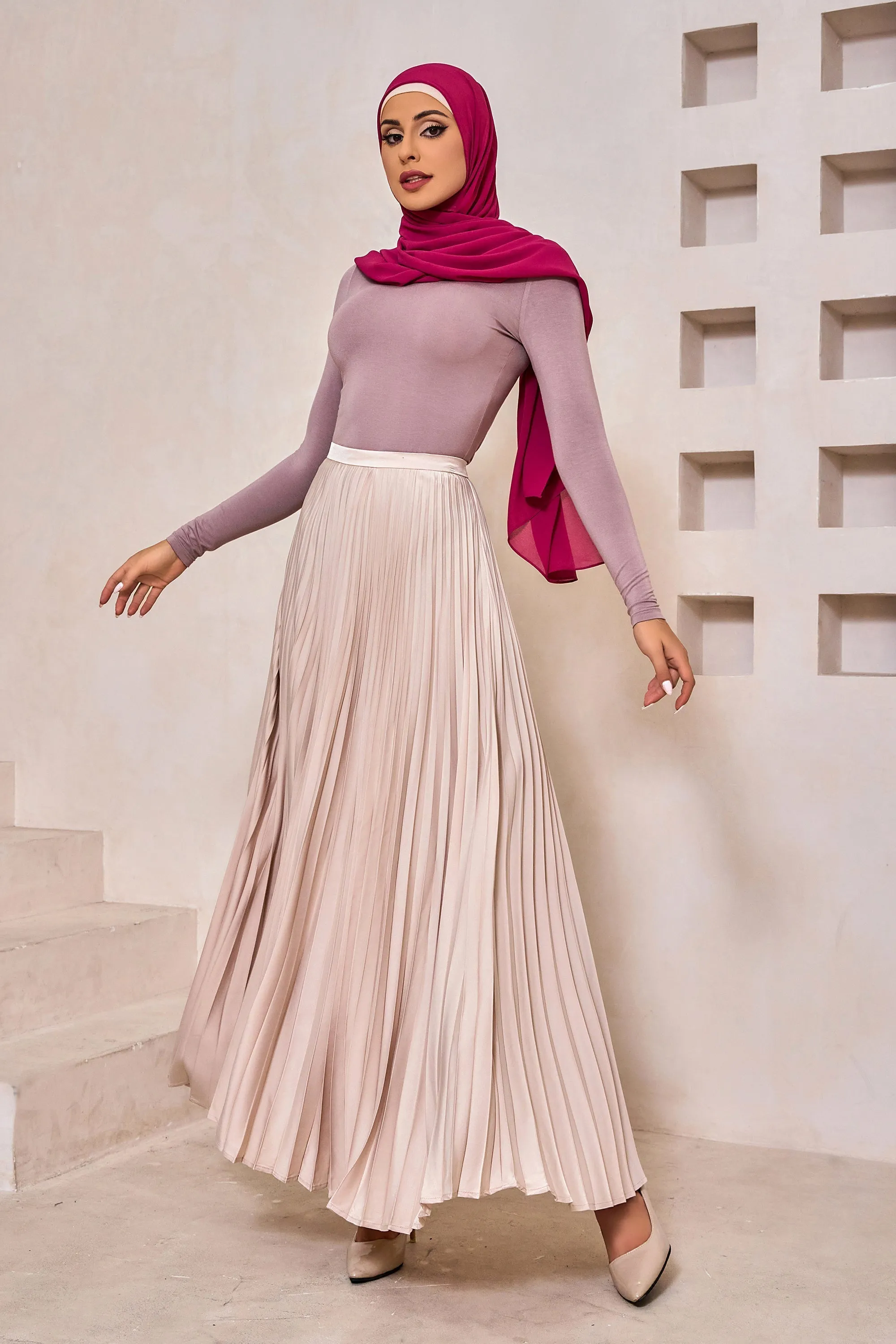 Champagne Satin Pleated Maxi Skirt