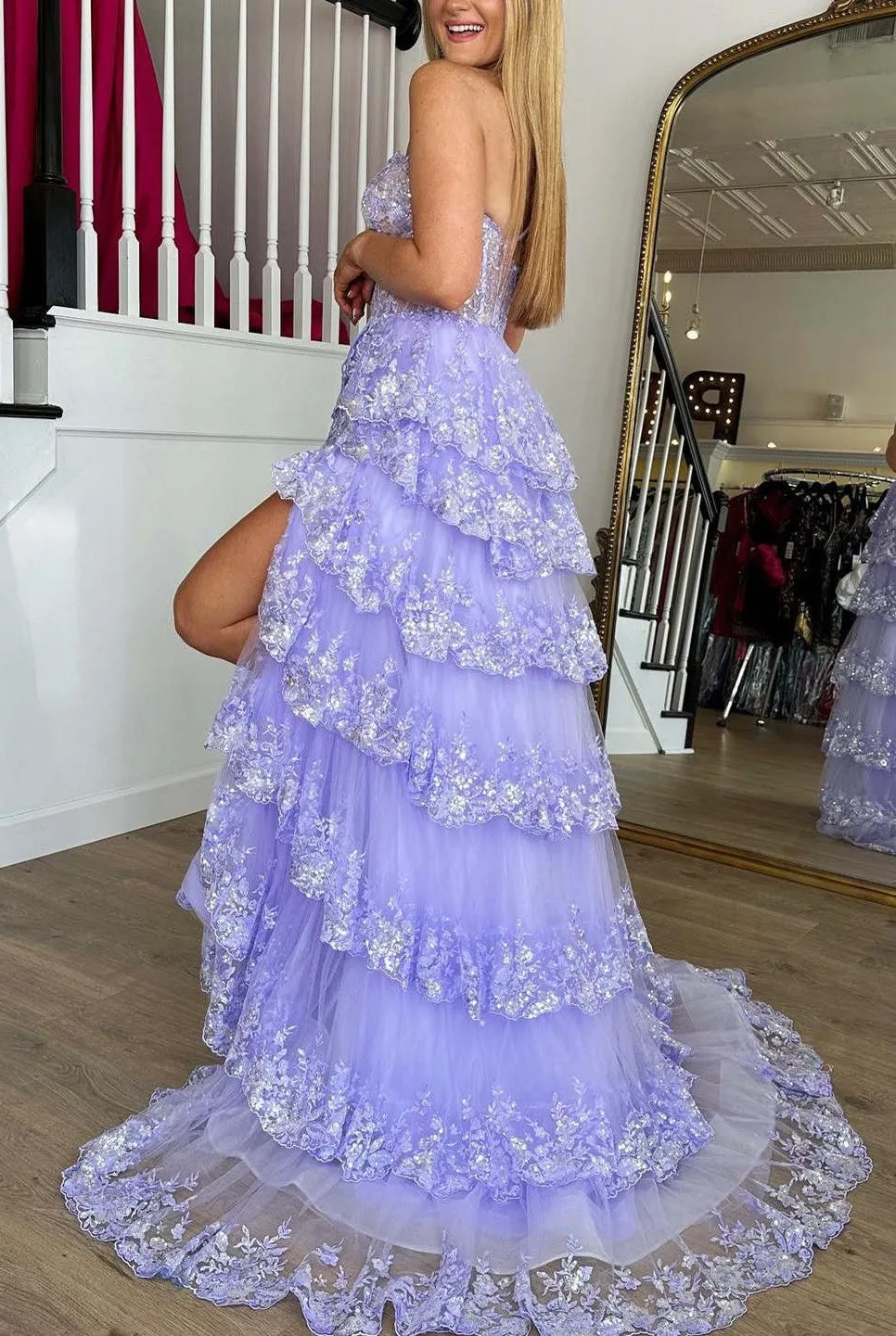 Charming A-Line Sequins One Shoulder Layered Long Prom Dress with Slit