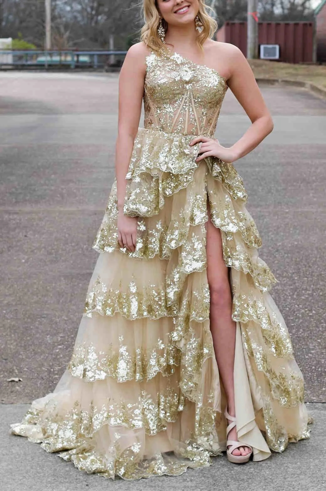 Charming A-Line Sequins One Shoulder Layered Long Prom Dress with Slit