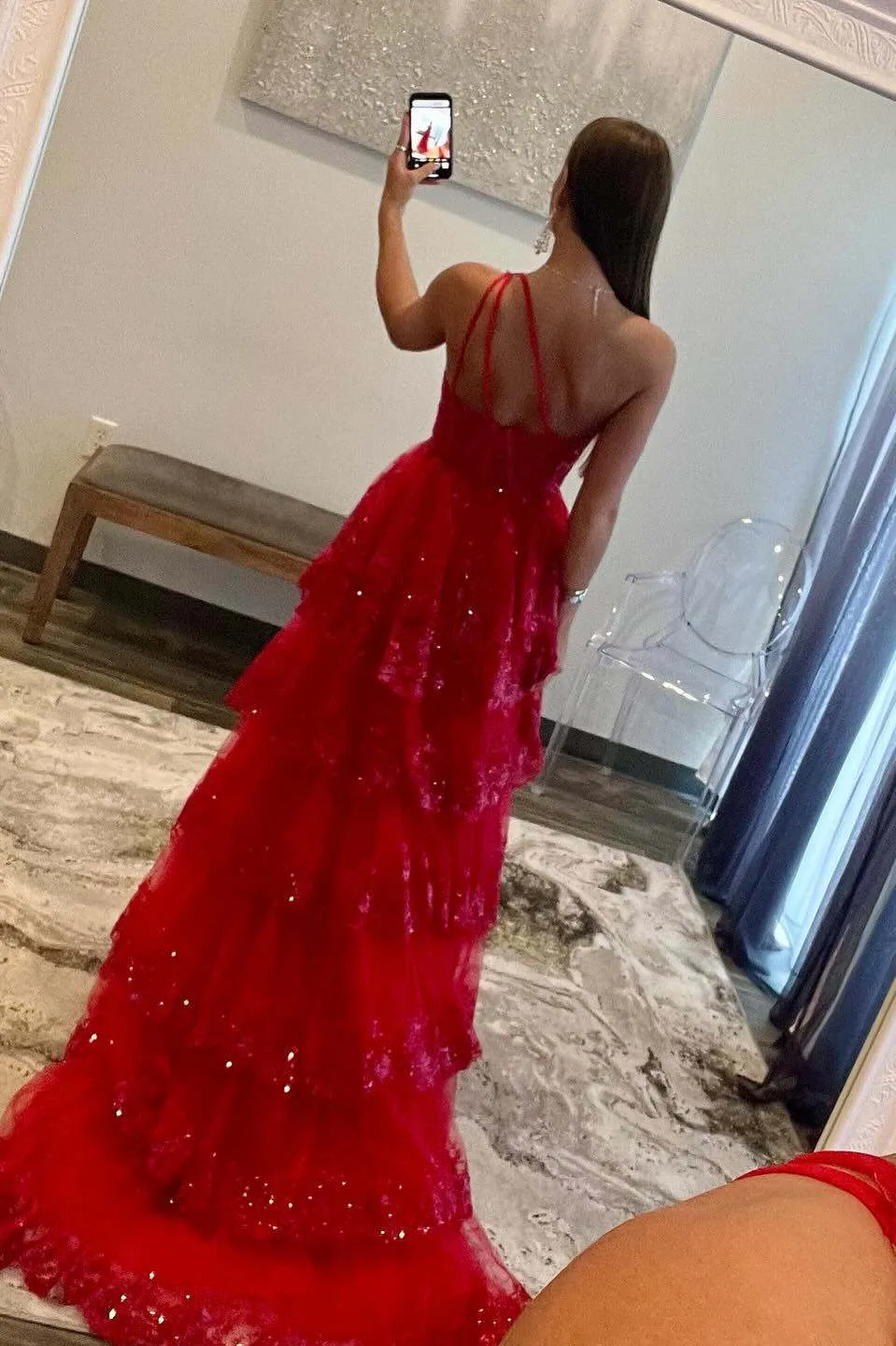 Charming A-Line Sequins One Shoulder Layered Long Prom Dress with Slit