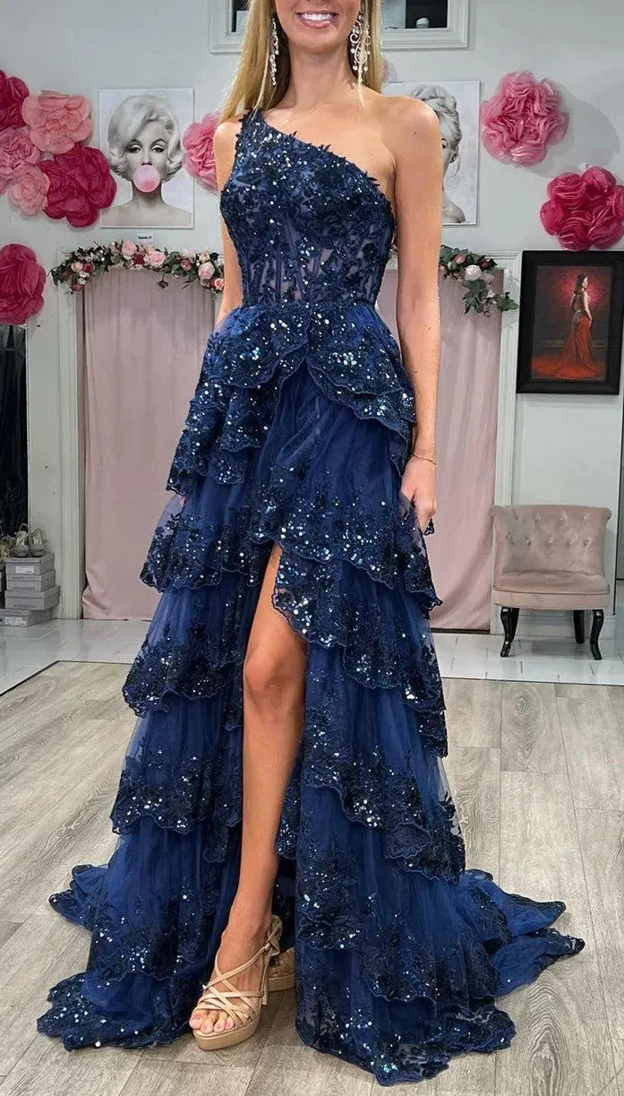 Charming A-Line Sequins One Shoulder Layered Long Prom Dress with Slit