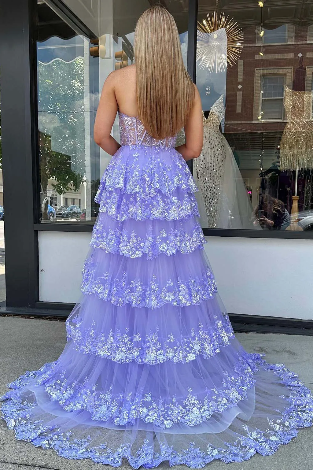 Charming A-Line Sequins One Shoulder Layered Long Prom Dress with Slit