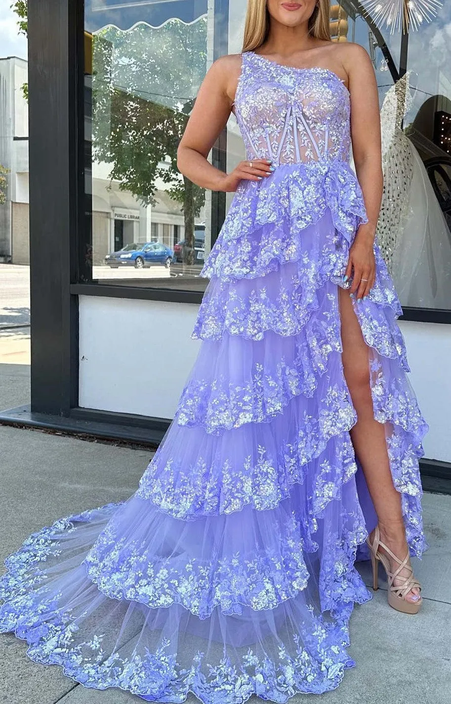 Charming A-Line Sequins One Shoulder Layered Long Prom Dress with Slit