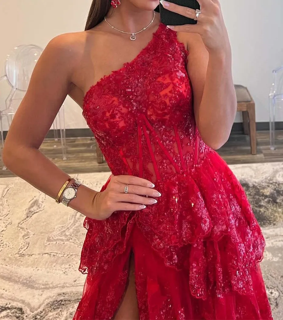 Charming A-Line Sequins One Shoulder Layered Long Prom Dress with Slit