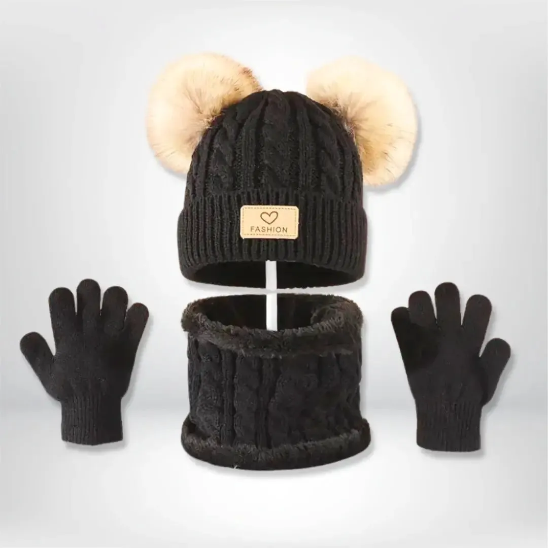 Charming Pom-Pom Knit Set – Cozy Hat, Scarf & Gloves Trio