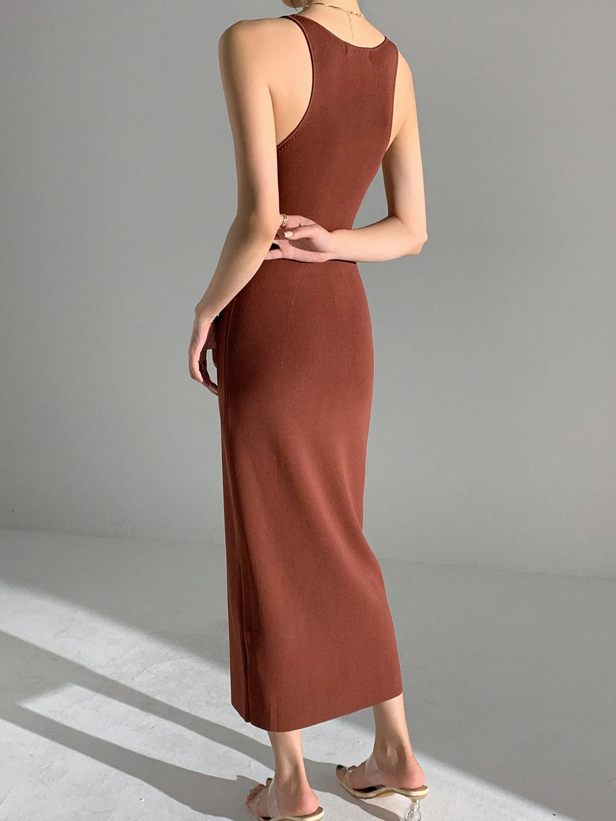 Chocolate Sleeveless Midi Bodycon Knit Dress