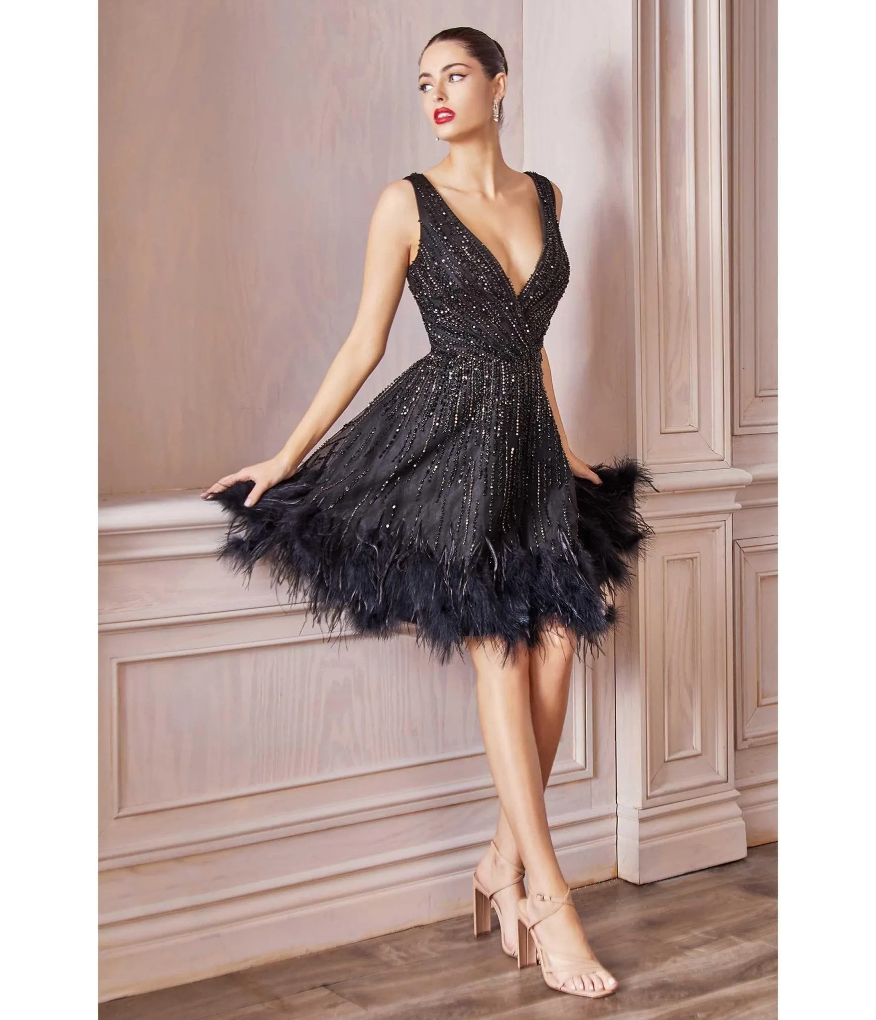 Cinderella Divine  Black Rhinestone & Feather Hem Bridesmaid Cocktail Dress