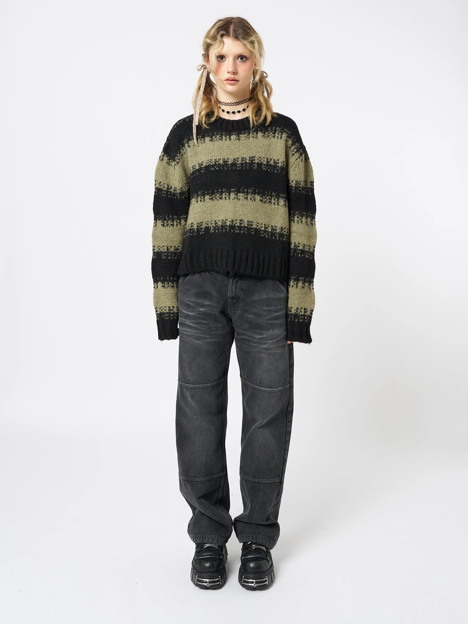 Clara Green Cropped Striped Knit Sweater