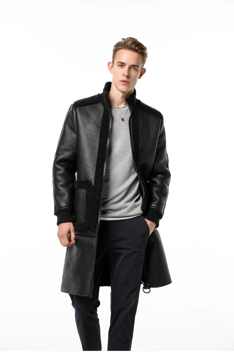 Classy Black Wool and Leather Combination Men Long Jacket with Embossed Detail Backside