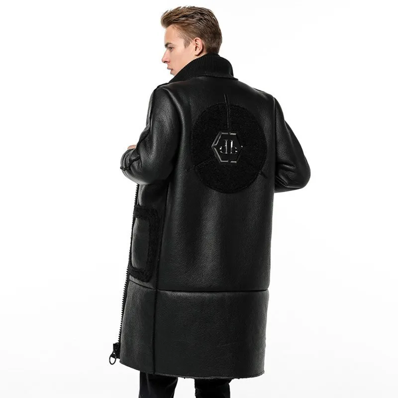 Classy Black Wool and Leather Combination Men Long Jacket with Embossed Detail Backside