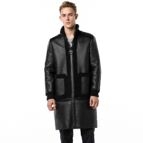 Classy Black Wool and Leather Combination Men Long Jacket with Embossed Detail Backside