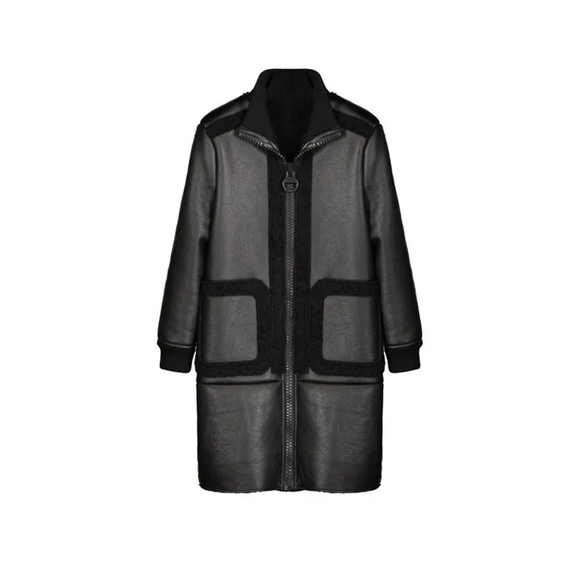 Classy Black Wool and Leather Combination Men Long Jacket with Embossed Detail Backside