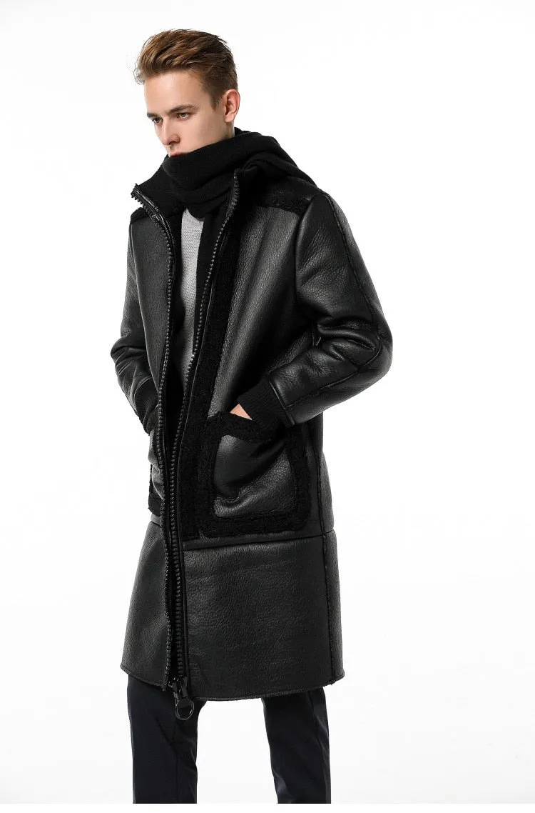 Classy Black Wool and Leather Combination Men Long Jacket with Embossed Detail Backside