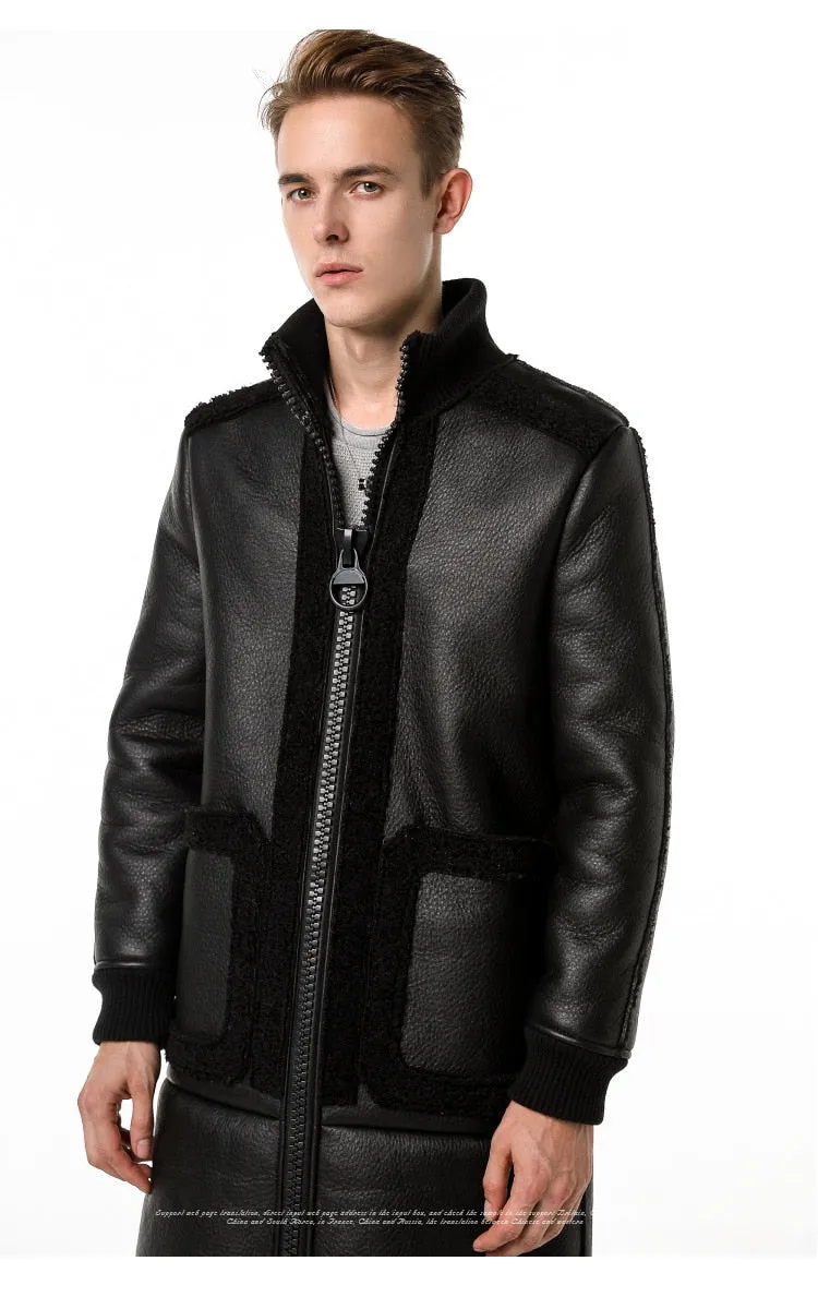 Classy Black Wool and Leather Combination Men Long Jacket with Embossed Detail Backside