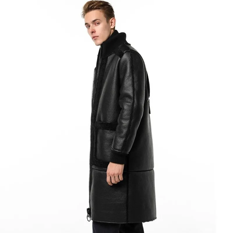 Classy Black Wool and Leather Combination Men Long Jacket with Embossed Detail Backside