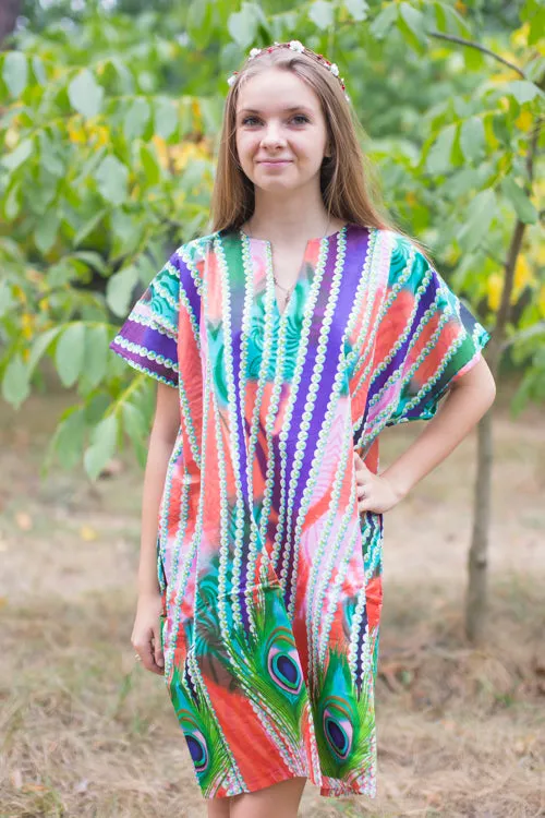 Coral Sunshine Style Caftan in Peacock Plumage Pattern