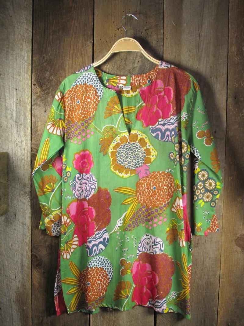 Cotton Tunic Top Mums on Green