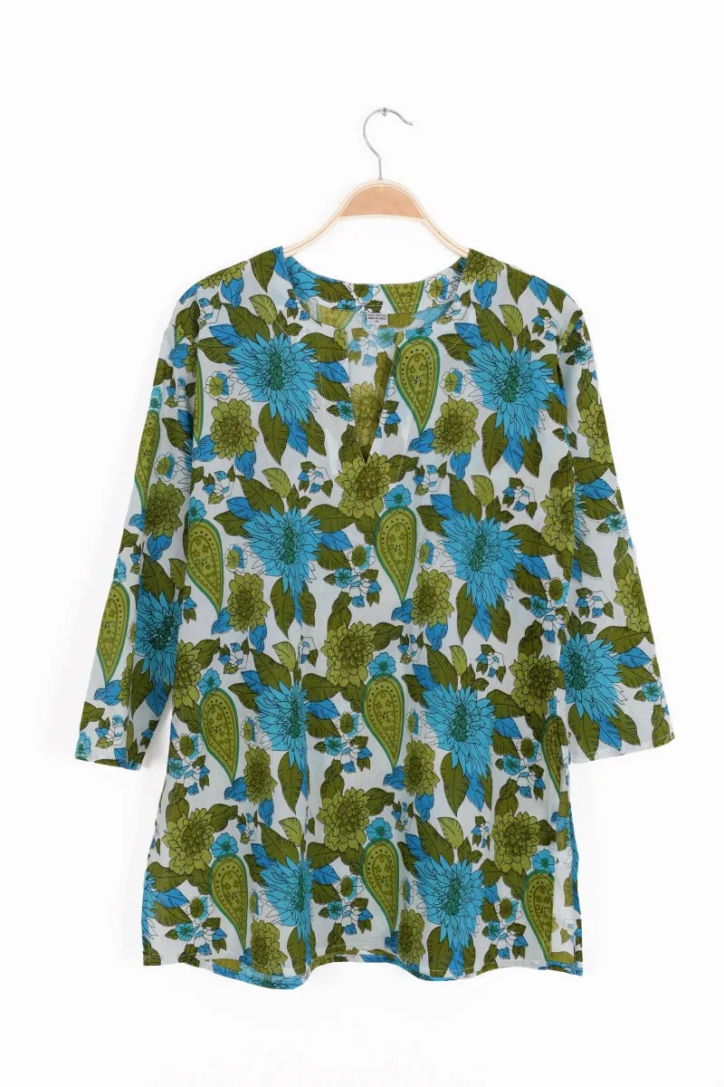 Cotton Tunic Top Turquoise and Green Floral