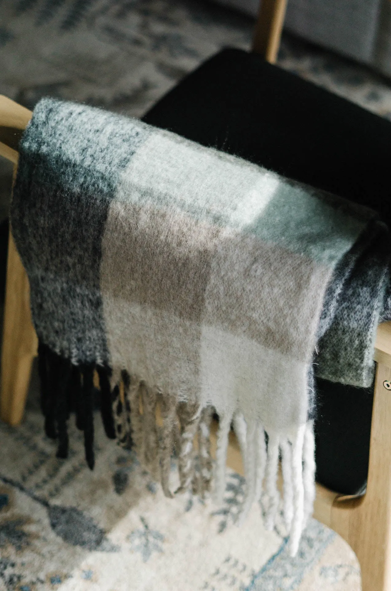 Cozy Feels Multicolor Fringe Scarf - Grey/Teal