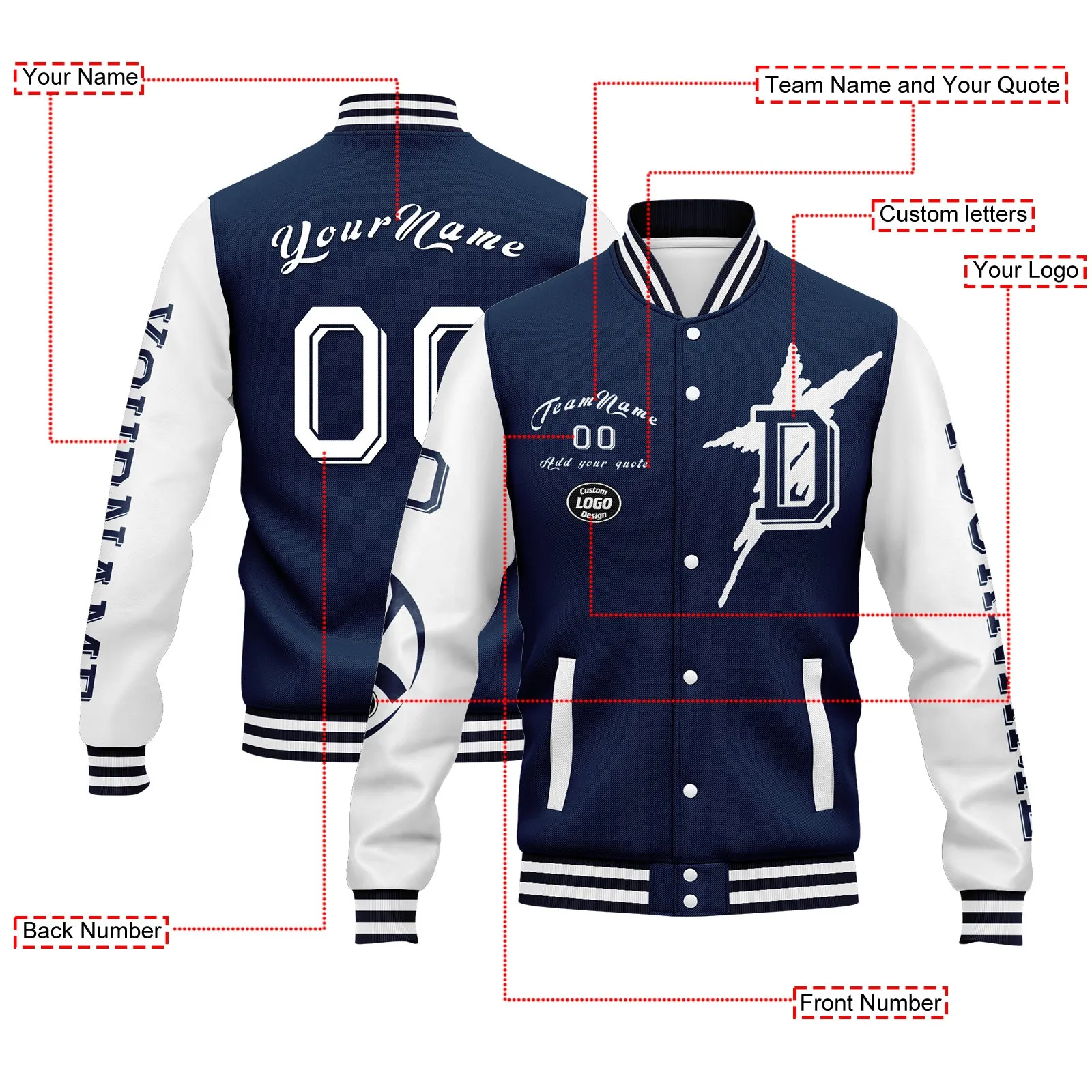 Custom Blue White Dallas Jacket Bomber Full-Snap Varsity Letterman Personalized Jacket FZ005SX-D020290-9