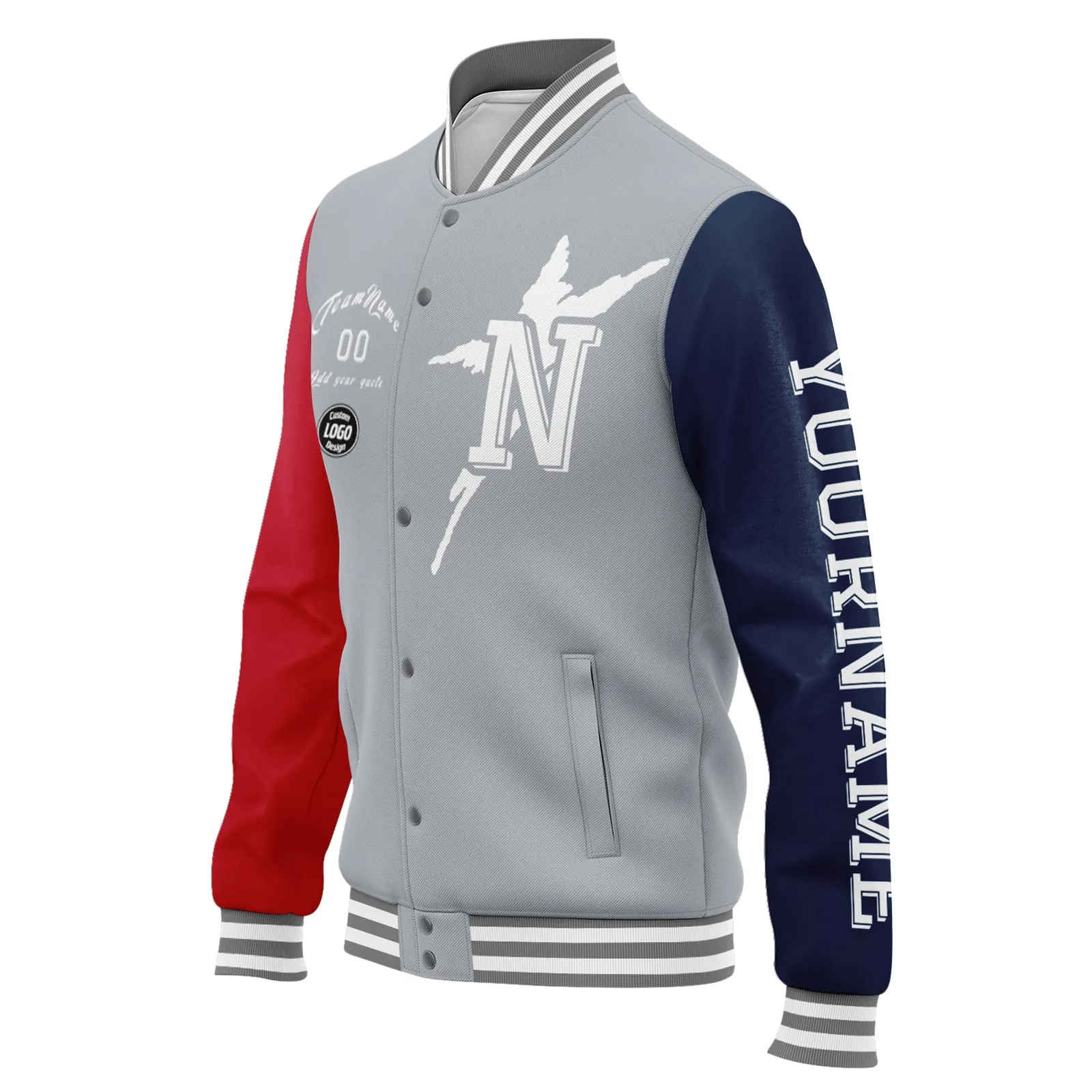 Custom Gray Red Blue New England Jacket Bomber Full-Snap Varsity Letterman Personalized Jacket FZ005SX-D020290-26