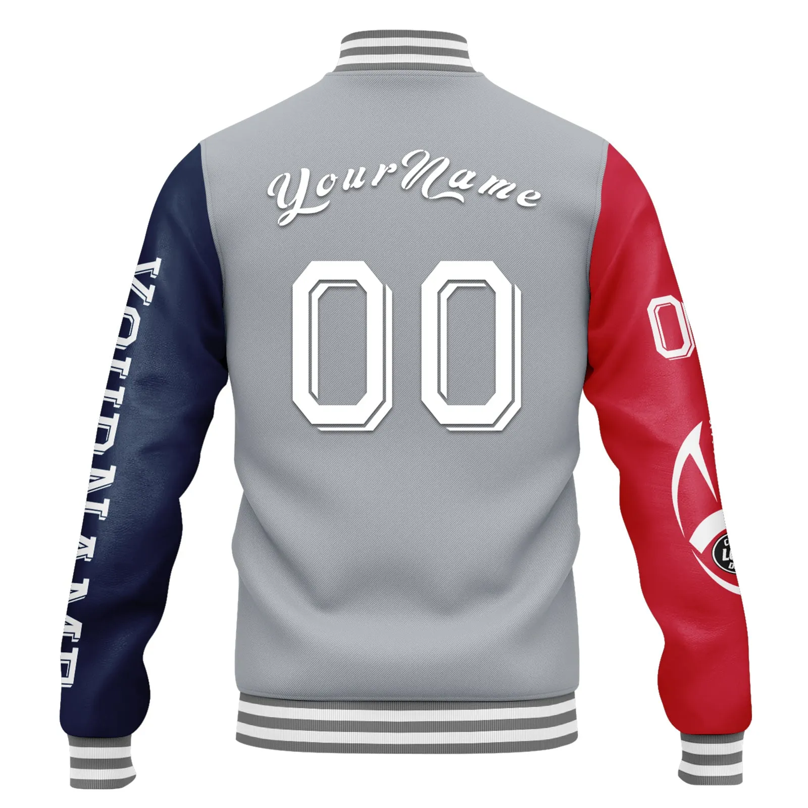 Custom Gray Red Blue New England Jacket Bomber Full-Snap Varsity Letterman Personalized Jacket FZ005SX-D020290-26