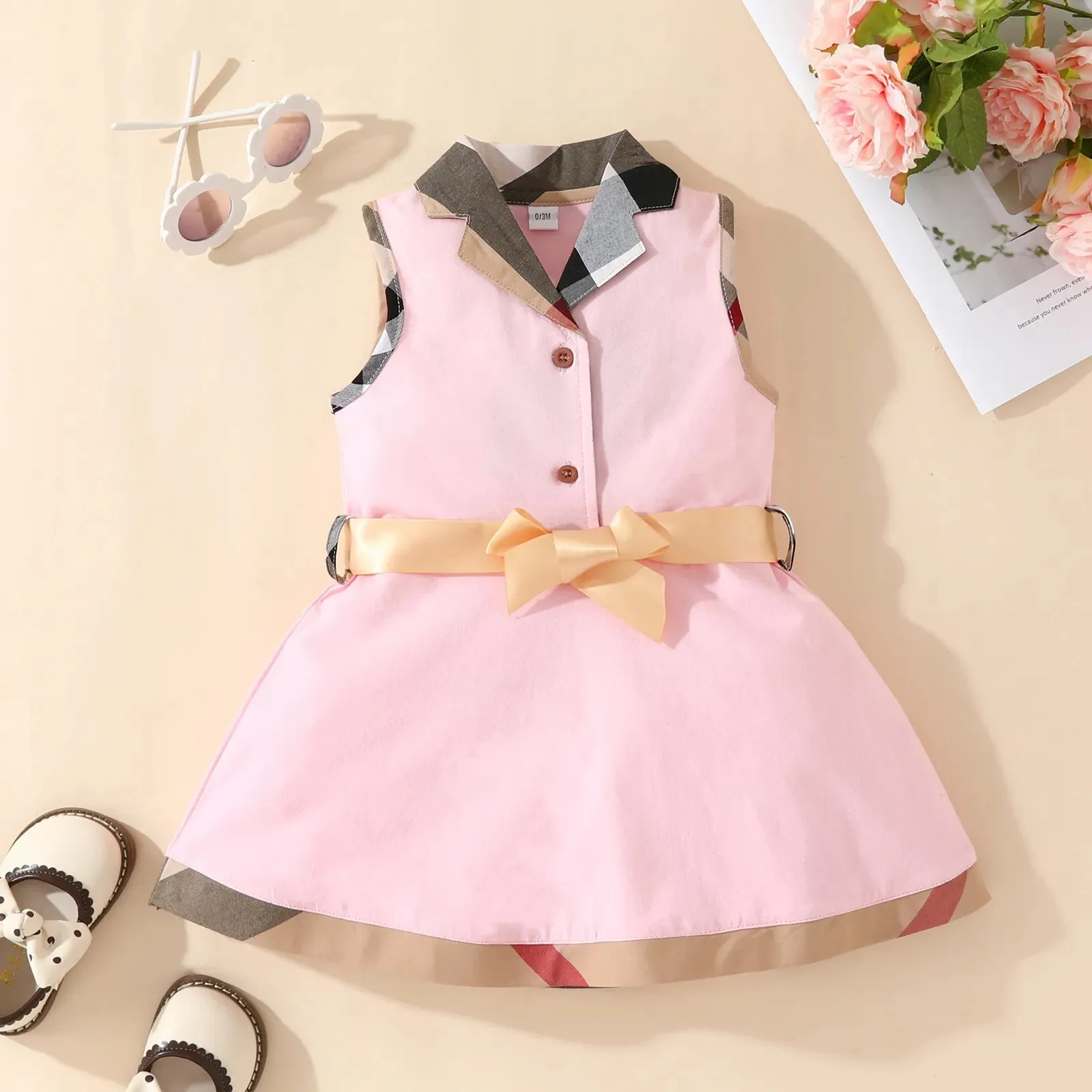 Cute Baby Girls Plaid Dresses Cotton Newborn Sleeveless Vest Dress With Bowknot Turn-Down Collar Infant Princess Dresses Toddler Skirts Girl Skirt