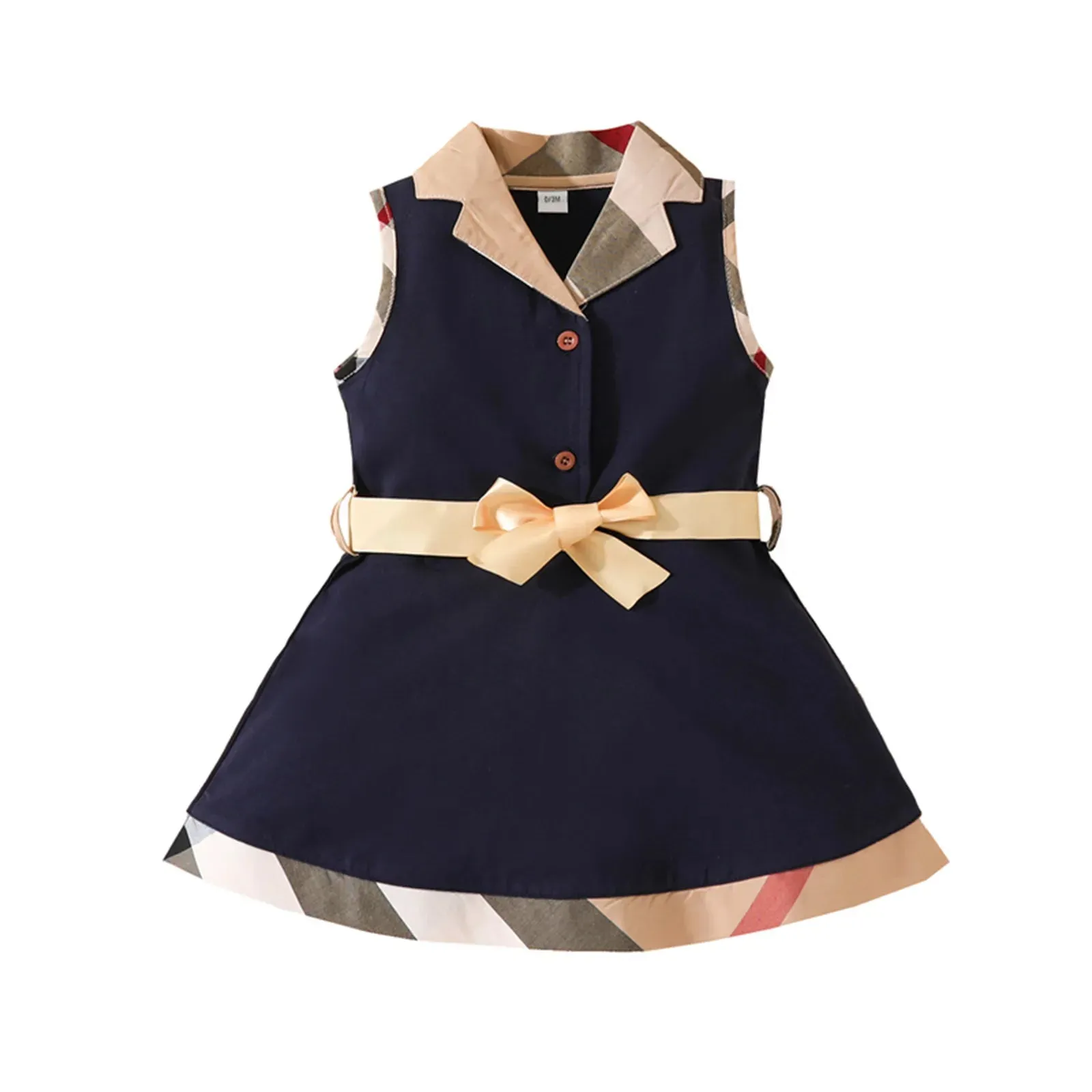 Cute Baby Girls Plaid Dresses Cotton Newborn Sleeveless Vest Dress With Bowknot Turn-Down Collar Infant Princess Dresses Toddler Skirts Girl Skirt