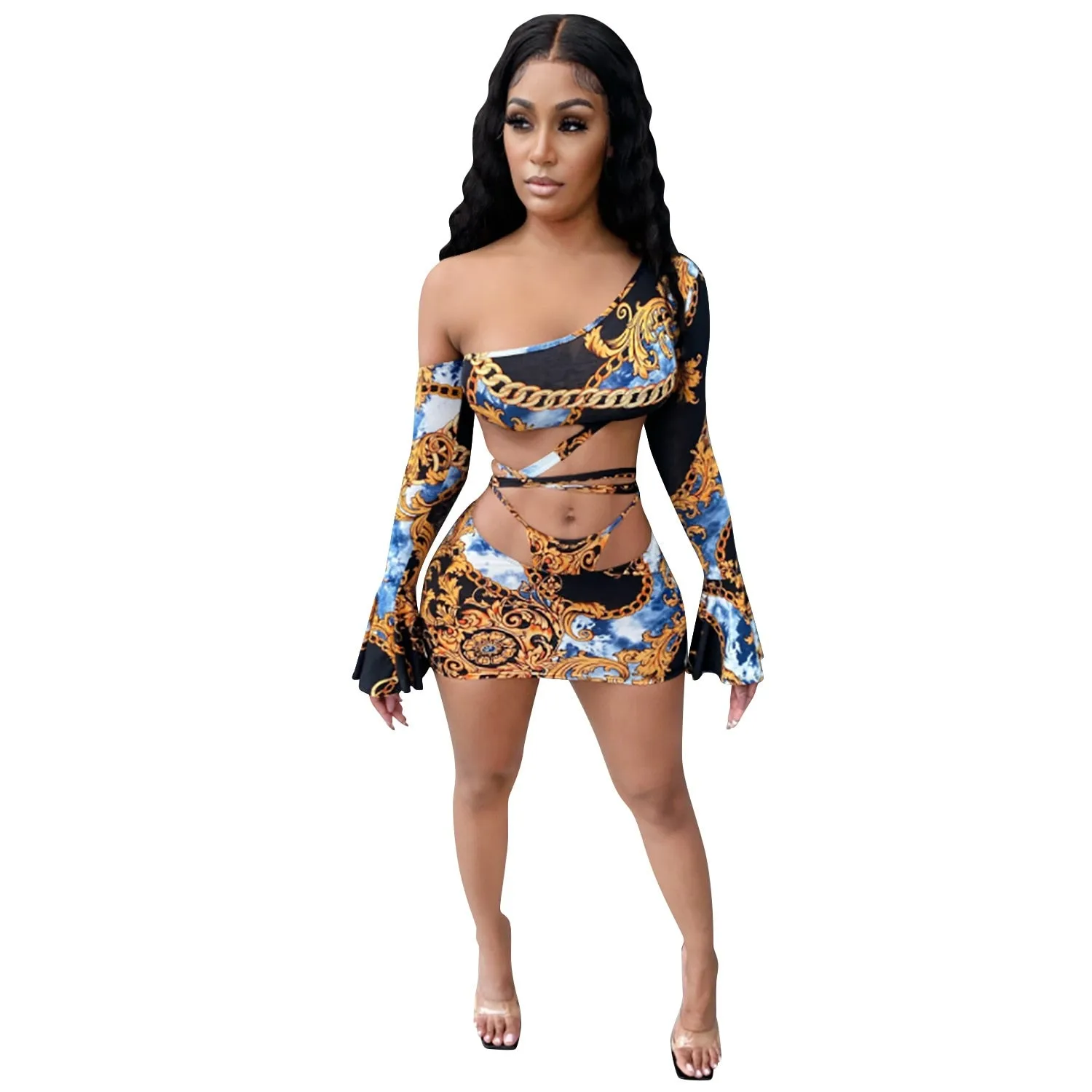 Cutubly Cut Out Women Set Outfit Autumn Winter Leopard Chain Print 2 Pieces Set One Shoulder Top Leggings Pant Fashion Tracksuit