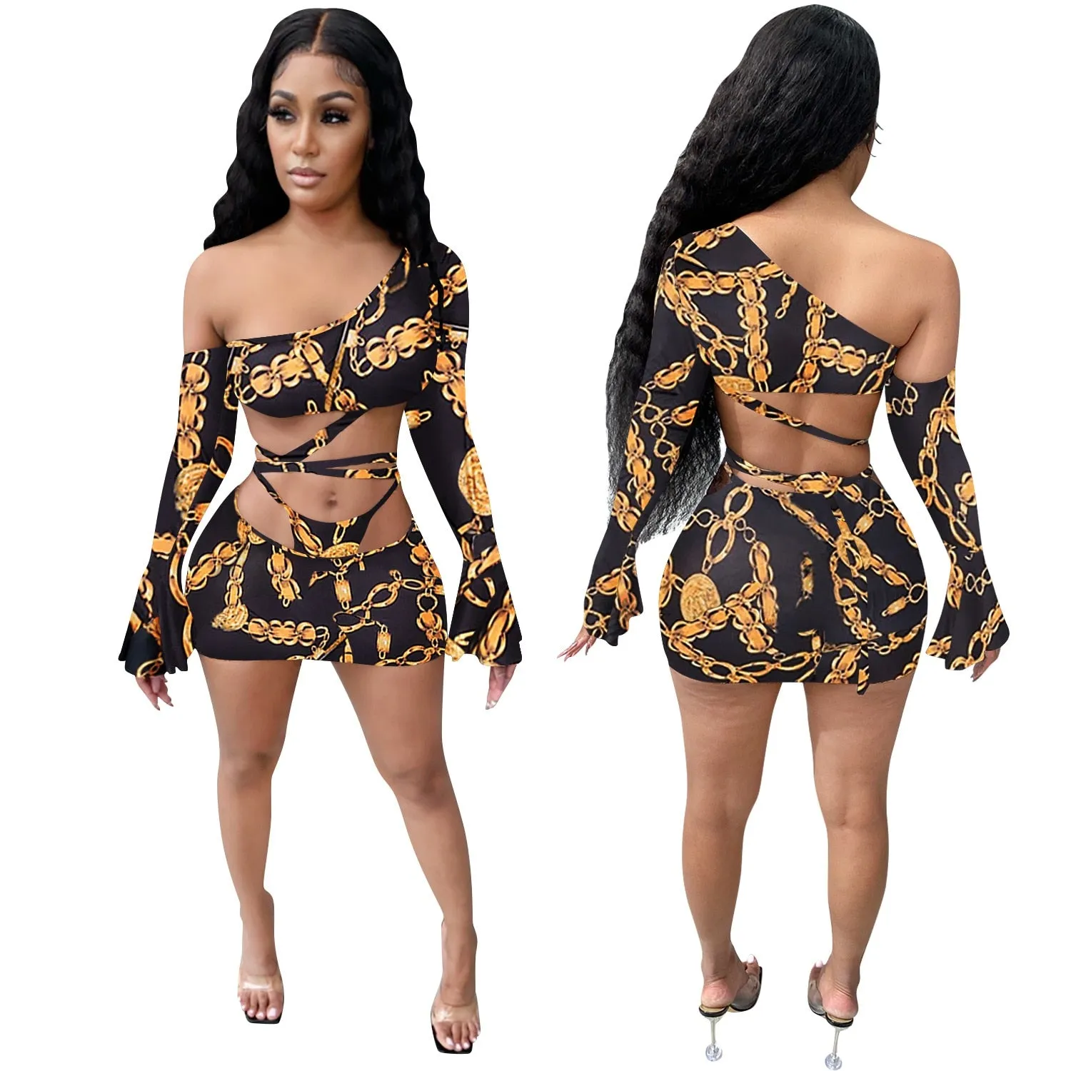 Cutubly Cut Out Women Set Outfit Autumn Winter Leopard Chain Print 2 Pieces Set One Shoulder Top Leggings Pant Fashion Tracksuit