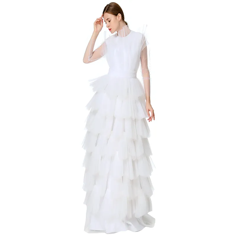 D132 Women Girls satin top round neck pleated ruffle tiered tulle gown