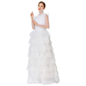 D132 Women Girls satin top round neck pleated ruffle tiered tulle gown