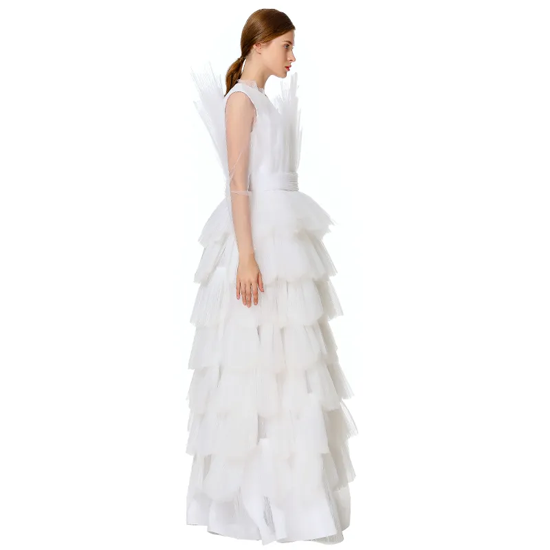 D132 Women Girls satin top round neck pleated ruffle tiered tulle gown